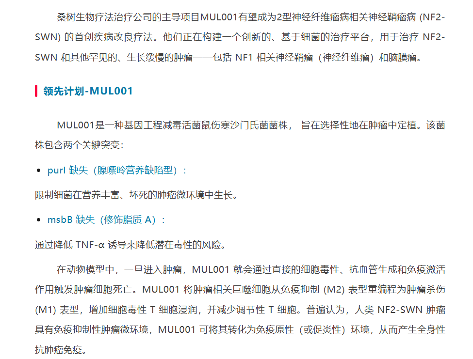 NF2 细菌介导免疫疗法的先驱——桑树生物疗法技术公司