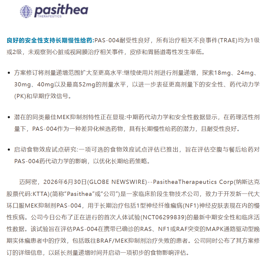 Pasithea 药物对经 MEK/BRAF 预处理患者安全耐受、疗效持久，并将扩容试验。